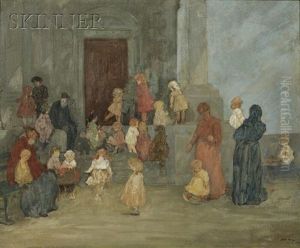 Figures Gathered Beside Church Steps Figures Gathered Beside Church Steps