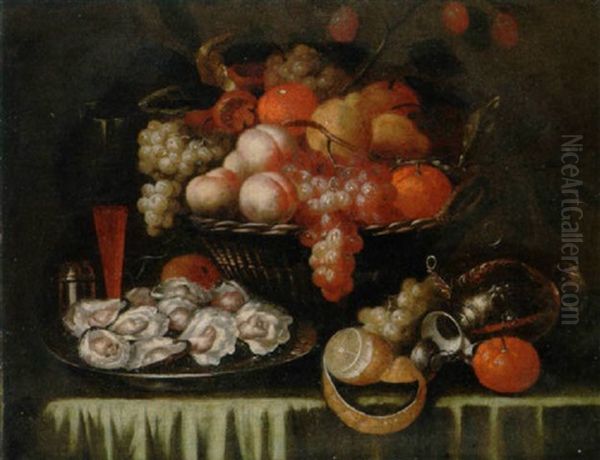 Peaches, Grapes, Pears And Oranges In A Wicker Basket With A Salver Of Oysters, A Peeled Lemon, A Silver Gilt Ewer And A Wine Glass - view 1