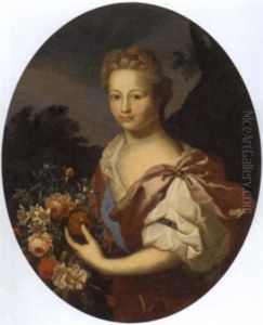 Portrait Of A Lady In A Burgundy Dress, Holding Flowers, In A Landscape