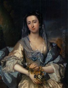 Portrait Of A Lady In An Oyster-grey And Blue Satin Dress, A Bouquet Of Flowers In Her Hands