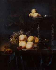 Plat De Peches, Cerises Et Raisins Voisinant Sur Un Entablement Avec Une Coupe De Peches