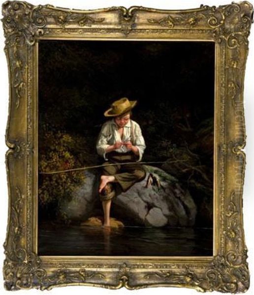 Scene Of A Boy In A Straw Hat Sitting On A Rock - view 1