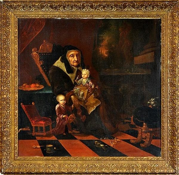 An Old Woman With Two Children In An Interior - view 1