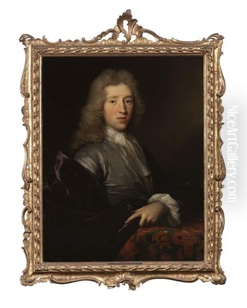 Portrait D'un Jeune Homme De Qualite, De Trois-quarts, Portant Un Manteau De Velours Violet Et Dont La Main Gauche Repose Sur Un Entablement Couvert D'un Lotto - view 1