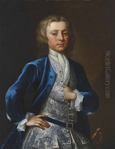 Portrait Of A Young Gentleman, Three-quarter-length, In A Blue Coat And Embroidered Waistcoat - view 1