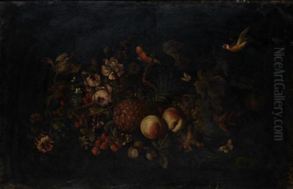 A Pineapple, Peaches And Grapes With A Basket Of Flowers With Butterflies And Birds - view 1