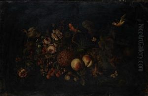 A Pineapple, Peaches And Grapes With A Basket Of Flowers With Butterflies And Birds by Herman van der Myn