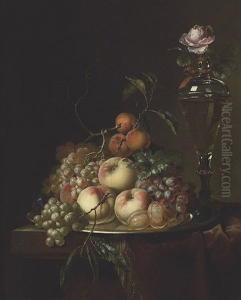 Grapes, Peaches, Plums, Apricots And A Rose In A Glass Vase On A Draped Table - view 1