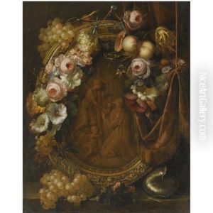 Still Life With A Garland Of Fruit And Flowers Adorning A Bronze Relief Of The Agony In The Garden by Herman van der Myn