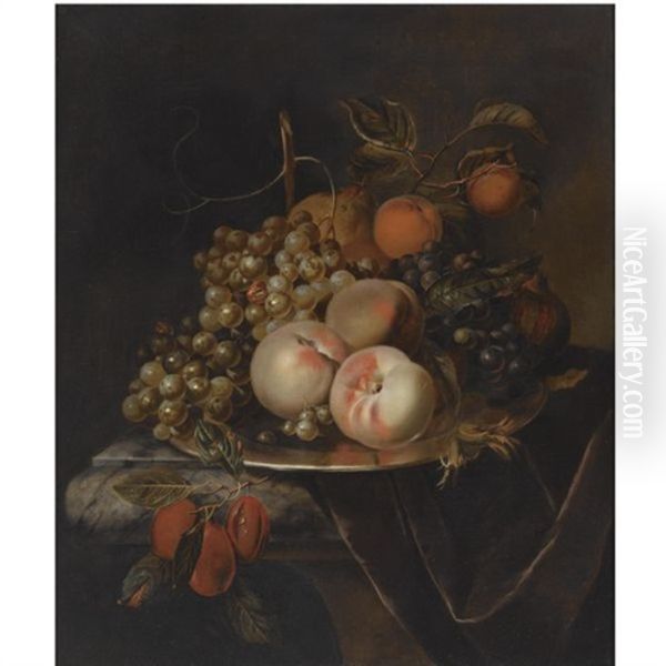 A Still Life Of Blue And White Grapes, Peaches, Plums, A Pear And A Pomegranate, All On A Pewter Platter, On A Marble Draped Ledge - view 1