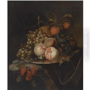 A Still Life Of Blue And White Grapes, Peaches, Plums, A Pear And A Pomegranate, All On A Pewter Platter, On A Marble Draped Ledge