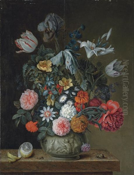Roses, Tulips, Lilies, An Iris And Other Flowers In A Porcelain Vase - view 1