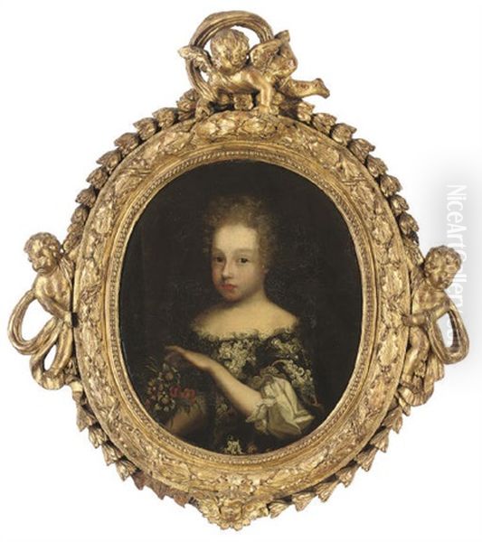 Portrait Of A Young Girl In A Blue Dress And White Chemise - view 1