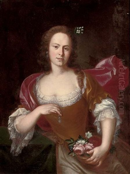 Portrait Of A Lady Seated, In A Lace Trim Dress, An Earring In Her Right Hand And A Basket Of Flowers In Her Left Hand - view 1