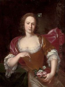 Portrait Of A Lady Seated, In A Lace Trim Dress, An Earring In Her Right Hand And A Basket Of Flowers In Her Left Hand
