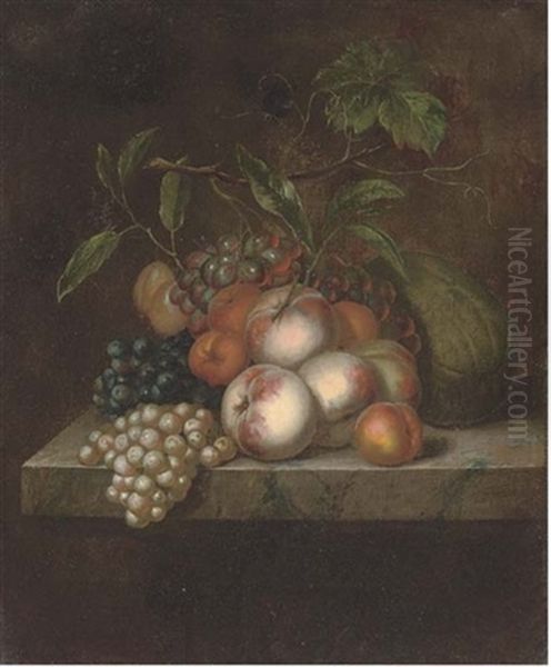 Peaches, Grapes, Plums And A Melon On A Marble Ledge - view 1