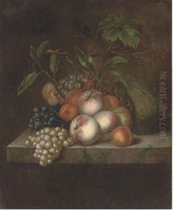 Peaches, Grapes, Plums And A Melon On A Marble Ledge by Herman van der Myn