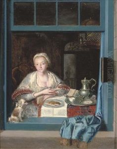 A Lady Sitting At A Table With A Dog At An Open Window