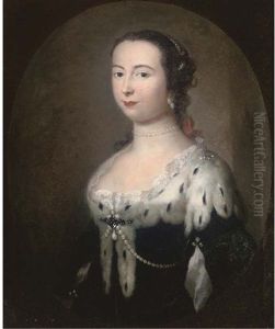 Portrait Of A Lady, Bust-length, In A Black Velvet Dress With Ermine Trim And Pearl Jewellery, Feigned Oval