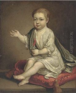 Portrait Of A Child, Seated On A Red Cushion Holding A Silver And Coral Rattle Portrait Of A Child, Seated On A Red Cushion Holding A Silver And Coral Rattle