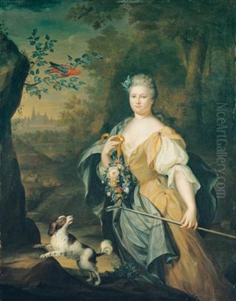 Portrait Of A Lady, Three-quarter Length, Standing In A Wooded Landscape With A Spaniel And A Perroquet In A Tree Nearby - view 1
