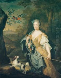 Portrait Of A Lady, Three-quarter Length, Standing In A Wooded Landscape With A Spaniel And A Perroquet In A Tree Nearby
