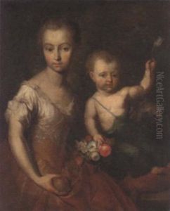 Double Portrait Of A Girl And A Boy, She In A Yellow Embroidered Dress, Holding An Apple In Her Right Hand, He Holding A Tulip On His Hand by Herman van der Myn