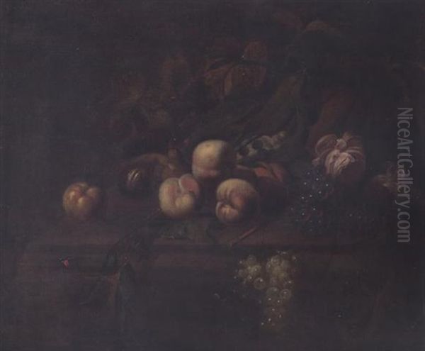 Peaches, Figs, Grapes, Vine Leaves And Roses On A Ledge - view 1