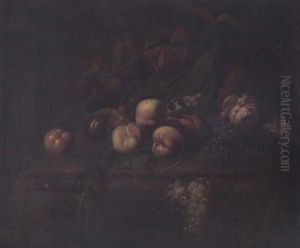 Peaches, Figs, Grapes, Vine Leaves And Roses On A Ledge by Herman van der Myn