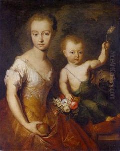 Double Portrait Of A Girl And A Boy, She In A Yellow Embroidered Dress, Holding An Apple, He Seated On A Cushion, Holding A Tulip, With A Pug