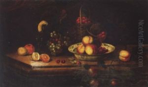 Peaches And Cherries In A Wan-li Kraak Bowl With Grapes, Lemons, Cherries, Baskets Of Strawberries And A Wine Glass On A Ledge by Herman van der Myn