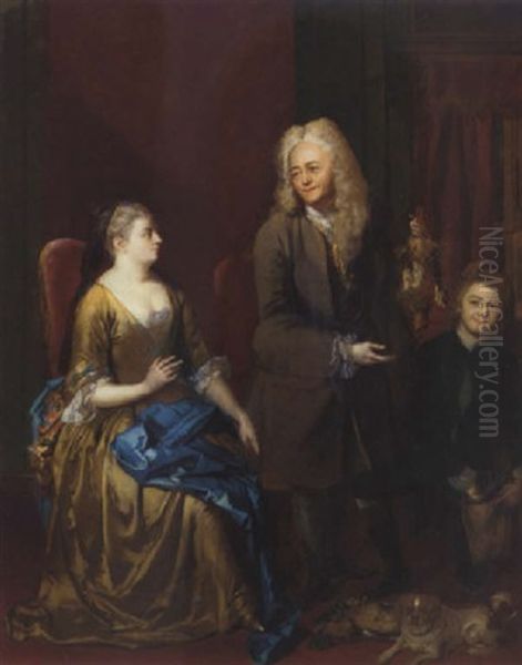 A Gentleman Showing The Day's Bag To A Lady In An Interior, With A Servant And Pug Dog Beside - view 1