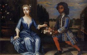 Portrait Of A Young Girl Seated Beside An Orange Tree, A Page Offering Her A Basket Of Flowers, With A Formal Garden And A Mansion Beyond