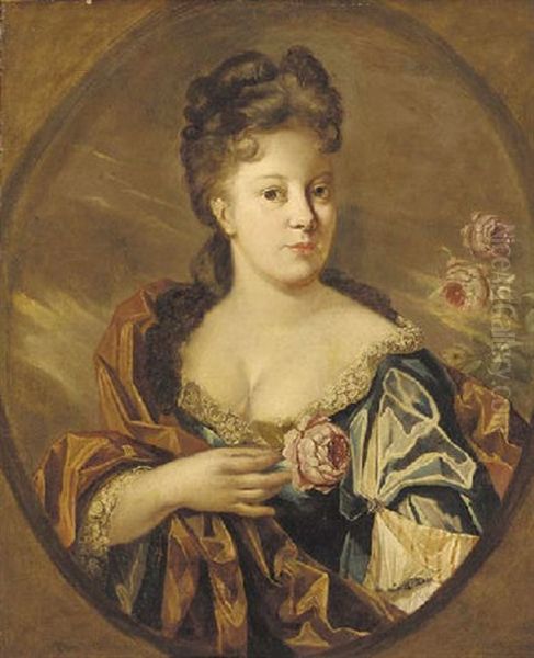 Portrait Of A Lady, Half Length, In A Blue Dress Trimmed With Lace And An Orange Wrap, Holding A Rose - view 1