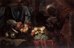 A Still Life Of Fruit, An Up-turned Porcelain Bowl And A Chest, With A Negro Page Appearing From Behind A Draped Curtain