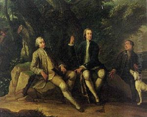 Sportsmen Resting In A Rocky Wooded Landscape by Herman van der Myn