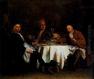 Three Gentlemen Seated At A Table About To Dine by Herman van der Myn