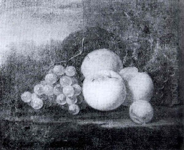 A Still Life Of Peaches, Grapes, Vines And A Basket On A Stone Ledge - view 1