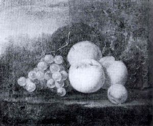 A Still Life Of Peaches, Grapes, Vines And A Basket On A Stone Ledge