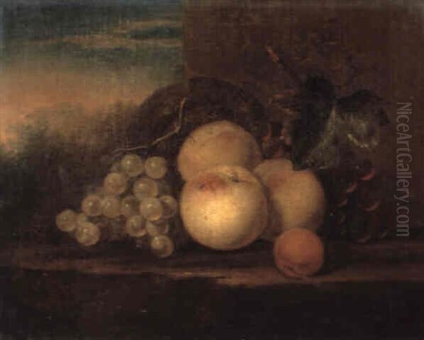 Still Life Of Peaches, Grapes, Vines And A Basket On A Stone Ledge - view 1