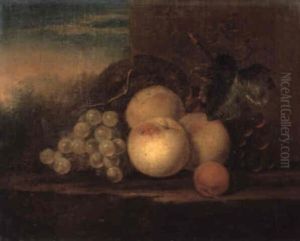 Still Life Of Peaches, Grapes, Vines And A Basket On A Stone Ledge by Herman van der Myn