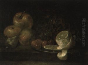 A Peeled Lemon, Cherries And Grapes On A Plate, With Other Fruit On A Table by Herman van der Myn