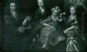 A Portrait Group Of A Family, With A Gentleman Seated       Wearing A Brown Coat And A White Stock, A Lady Wearing...