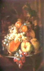 A Still Life Of A Melon, Peaches, Plums And Grapes.... by Herman van der Myn