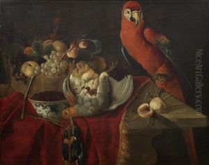 A Scarlet Macaw, Dead Kingfishers And A Partridge On A Table-top With A Basket Of Fruit