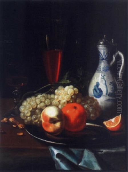 Plateau De Fruits, Pichet Et Verre De Vin Sur Un Entablement - view 1