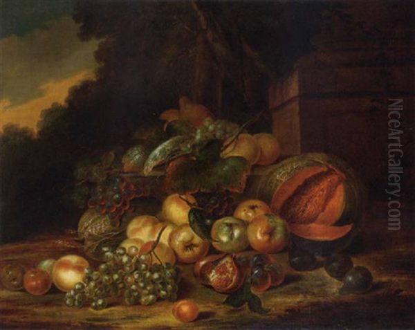Pears, Apples, Melons, Grapes, Plums, Figs And Pomegranates By A Column In A Garden - view 1