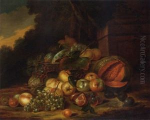 Pears, Apples, Melons, Grapes, Plums, Figs And Pomegranates By A Column In A Garden by Robert Van Der Myn
