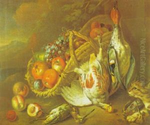 Teal Hanging From A Nail By A Basket Of Grapes, Apples, A   Pear And Plum With A Partridge And Snipe, And A Cat...