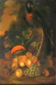 A Still Life Of A Macaw, Peaches, Grapes, Plums, Pears,     Figs And Melons By An Up- Turned Basket In A Landscape